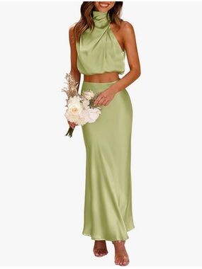 Satin Two-Piece Maxi Dress in Light Olive